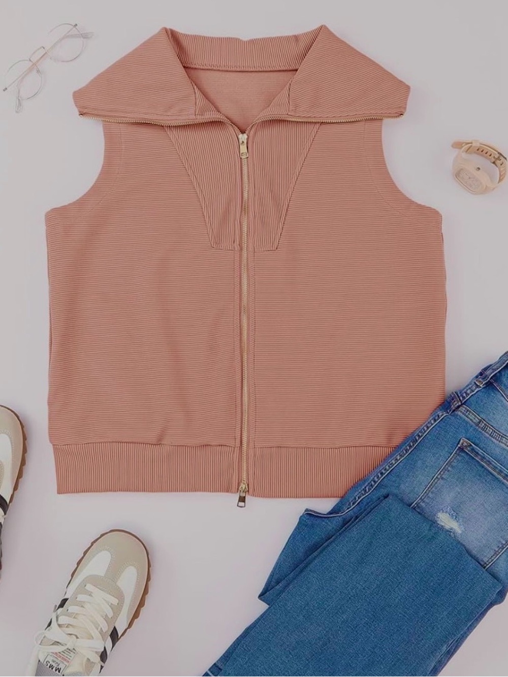 Sleeveless Zip-Front Mock Collar Vest - Dusty Rose
